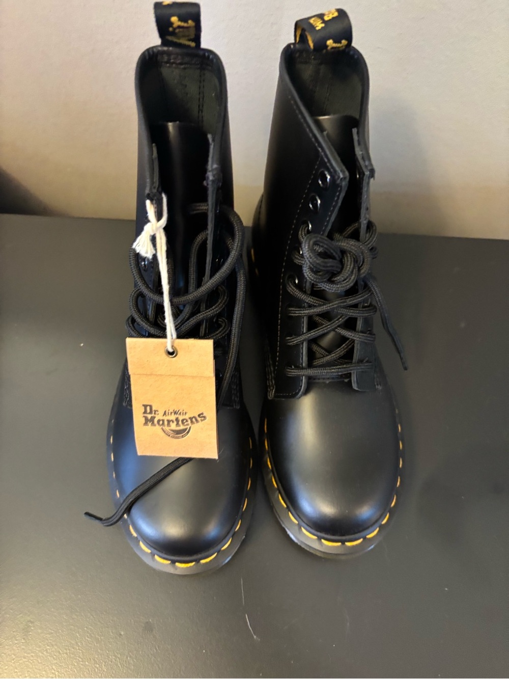 New Dr. Martens Black Boots with Yellow Stitching women size 5 (youth 4)